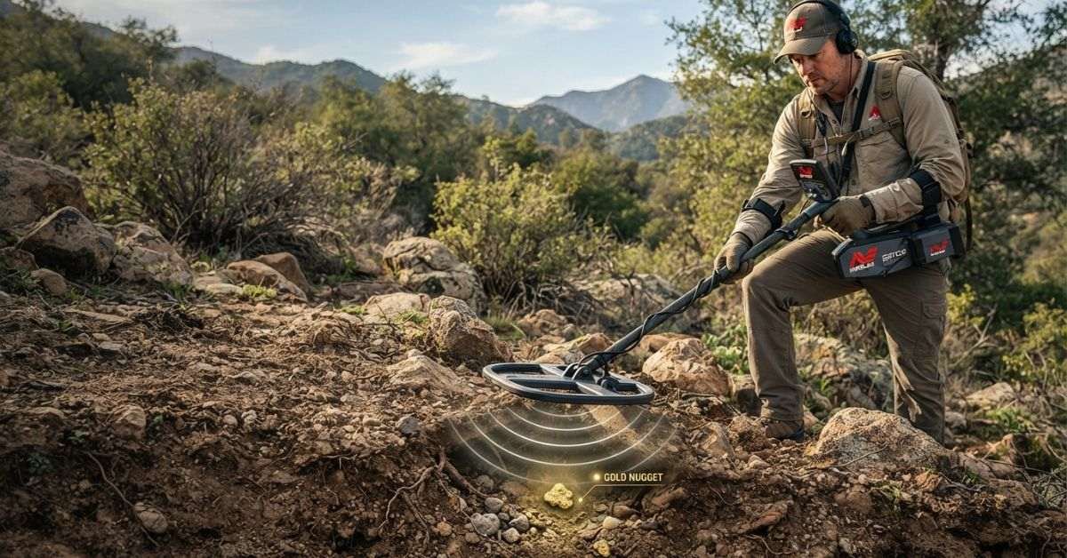 Metal detector searching for a gold nugget in natural ground