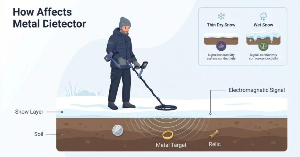 Metal detector detecting buried targets through snow without signal blockage
