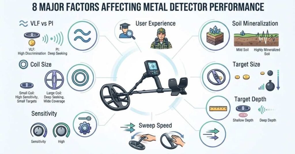 Eight factors that affect metal detector performance including coil size, soil, sensitivity, depth, and sweep speed