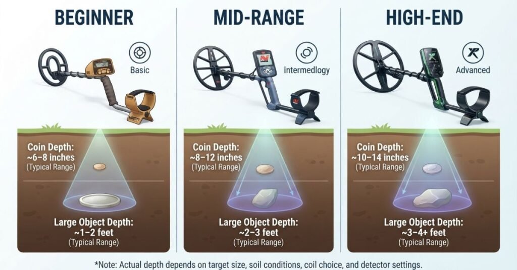Entry-level vs professional metal detectors showing typical coin and large object detection depth