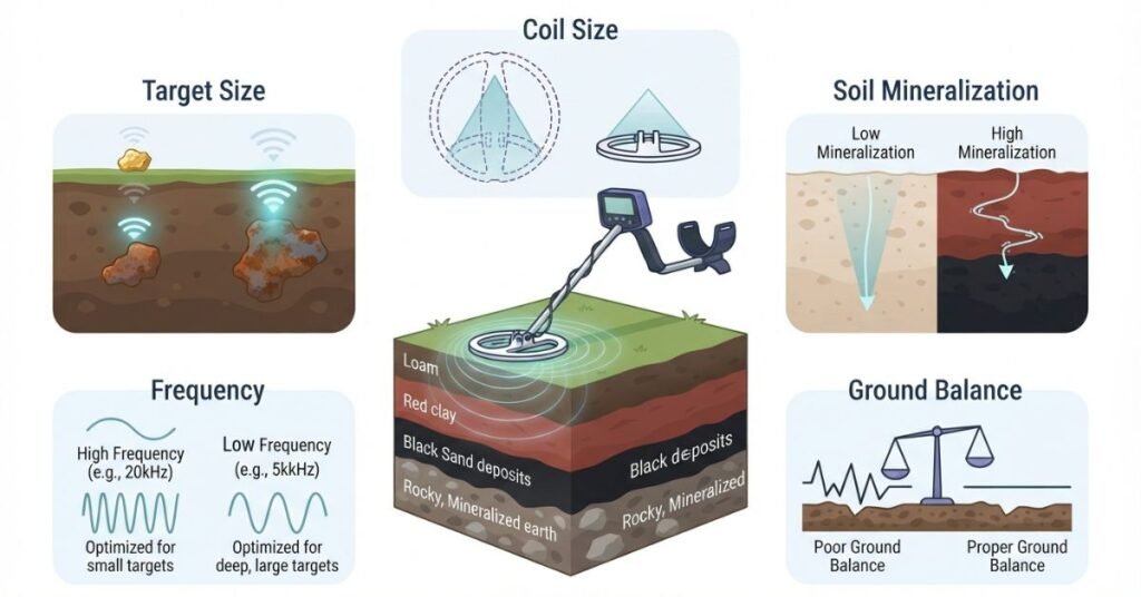 Factors affecting metal detector detection depth including target size, soil, coil, frequency, and ground balance