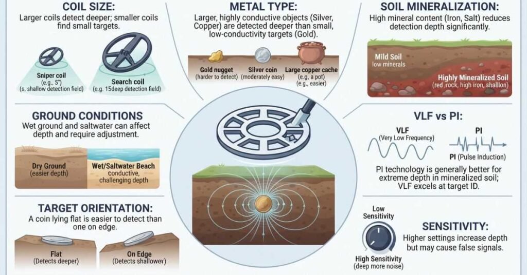 Seven factors affecting metal detector detection depth including coil size soil and sensitivity