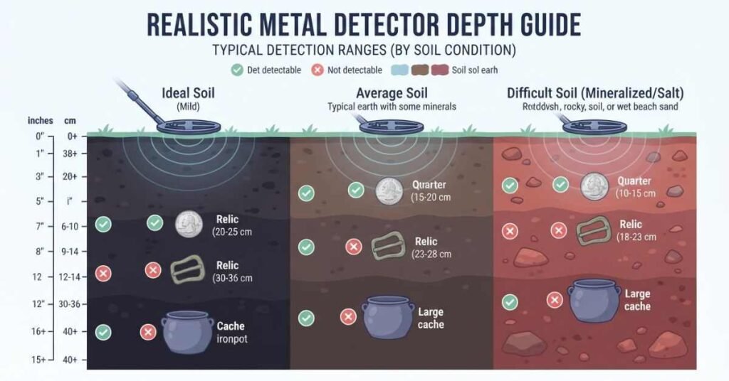 How deep a metal detector can work showing detection depth for coins, relics, and large objects