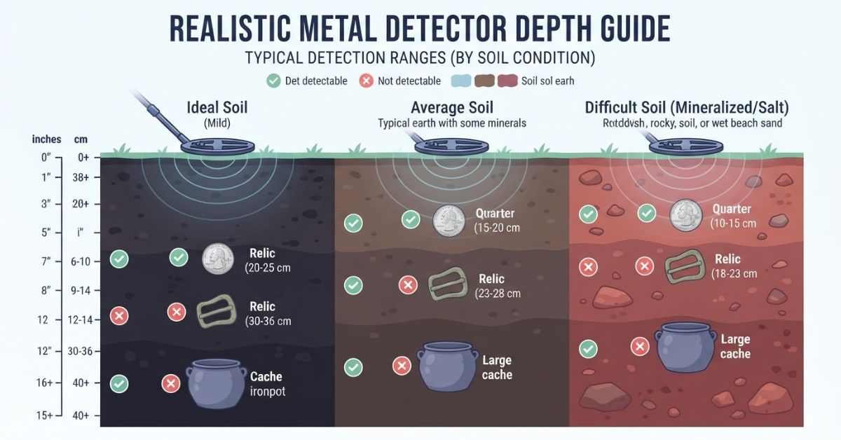 How deep a metal detector can work showing detection depth for coins, relics, and large objects