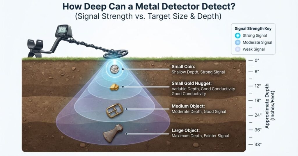 How deep a metal detector can reach showing detection field, target size, conductivity, and depth