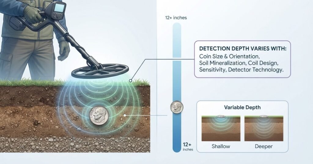 Metal detector detecting a buried silver coin at different depths