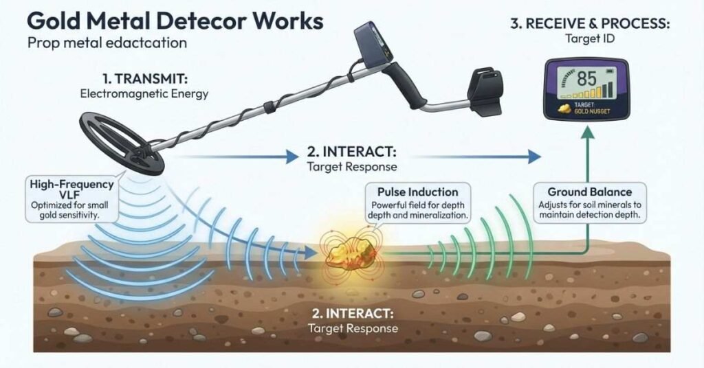 Diagram showing how gold metal detectors use electromagnetic signals and ground balancing