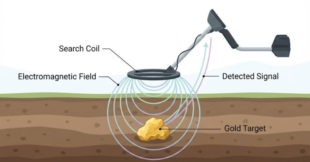 How a metal detector detects a gold nugget using an electromagnetic field