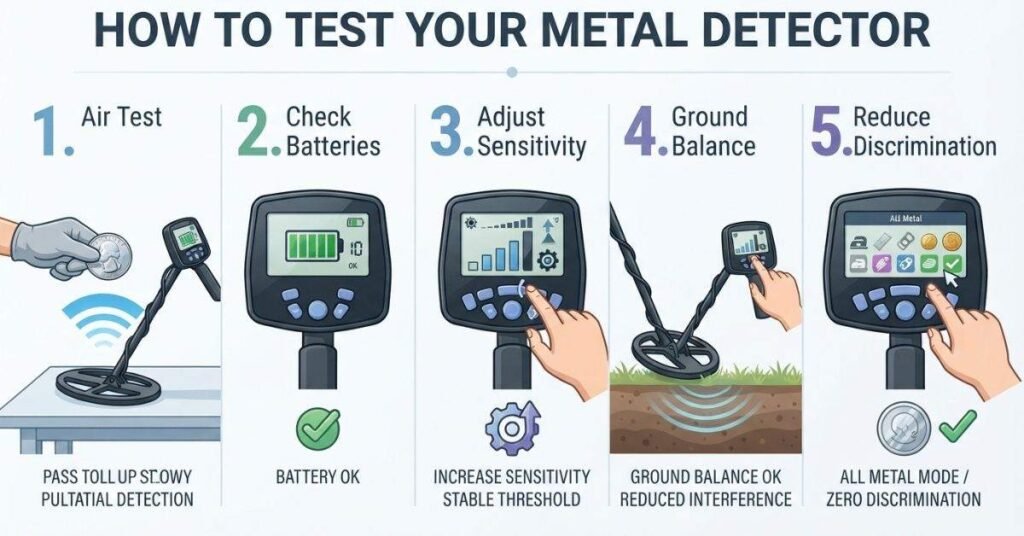 Five steps to test a metal detector including air testing batteries sensitivity ground balance and discrimination