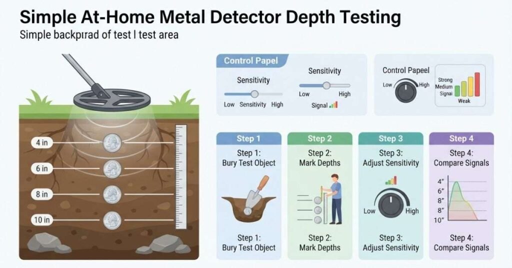 At-home metal detector depth test with buried targets at measured depths
