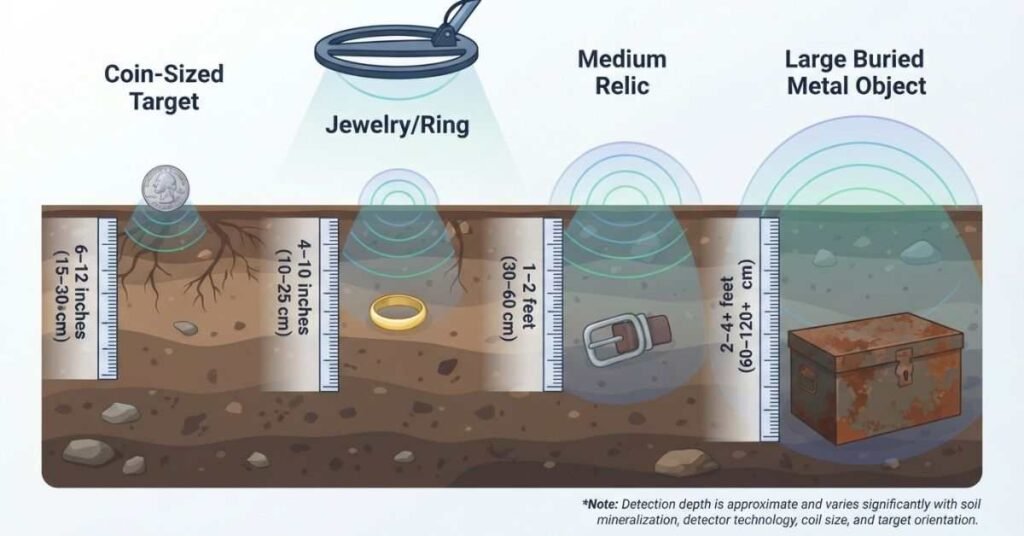 Metal detector detection depth by object size from coins and jewelry to large buried objects