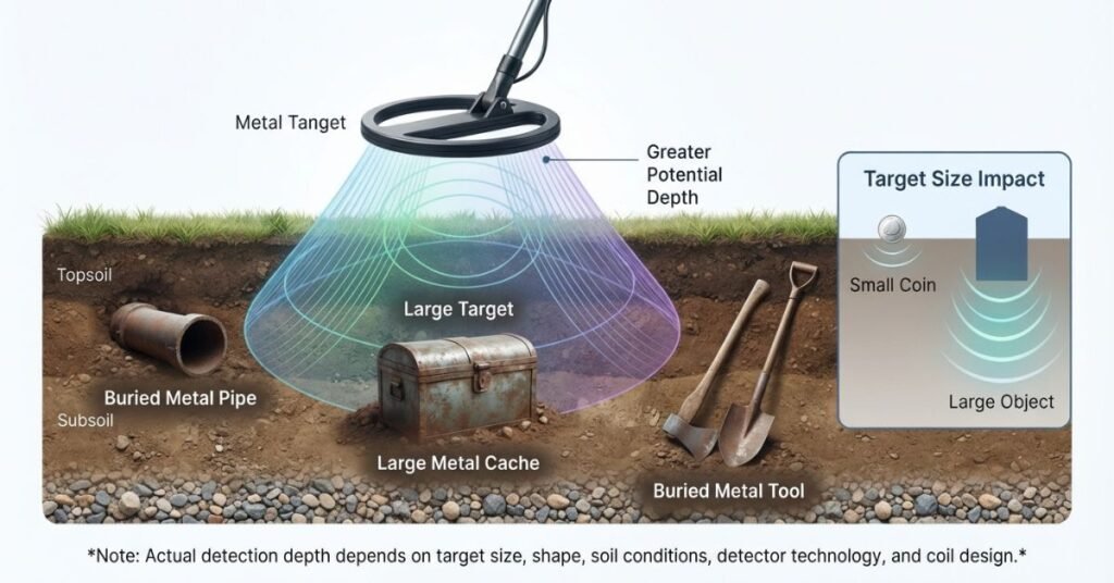 Metal detector detecting large buried objects such as pipes caches and tools