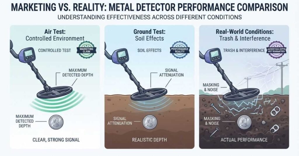 Real-world metal detector performance compared with air tests, ground tests, and marketing claims