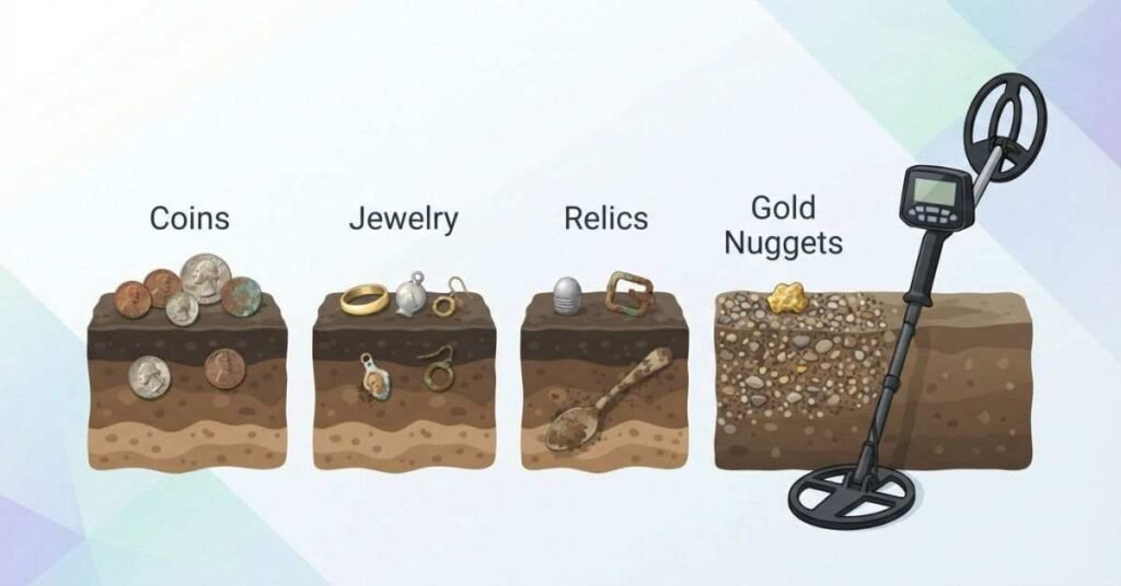 Realistic coins jewelry relics and gold nuggets found using a metal detector