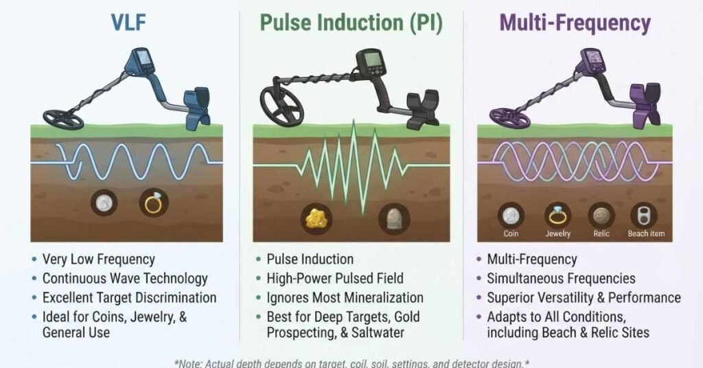 Comparison of VLF PI and multi-frequency metal detector technologies and depth performance