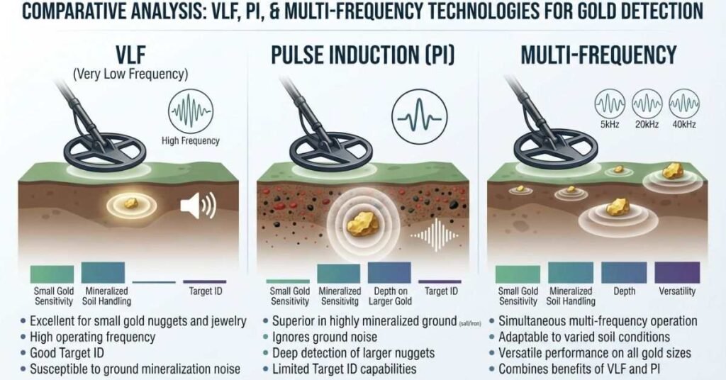 VLF vs PI vs multi-frequency metal detectors for gold detection comparison