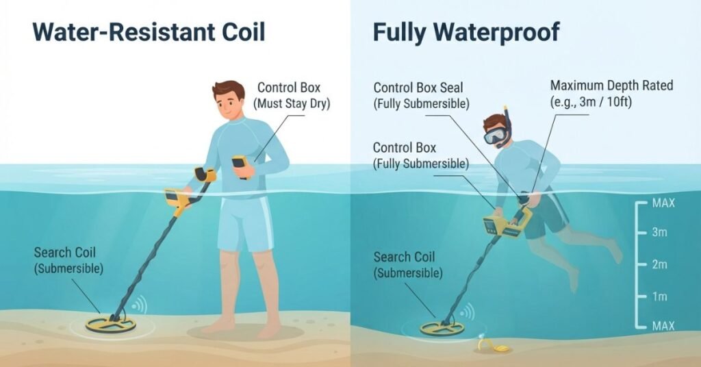 Comparison of water-resistant and fully waterproof metal detectors with waterproof coils and control boxes