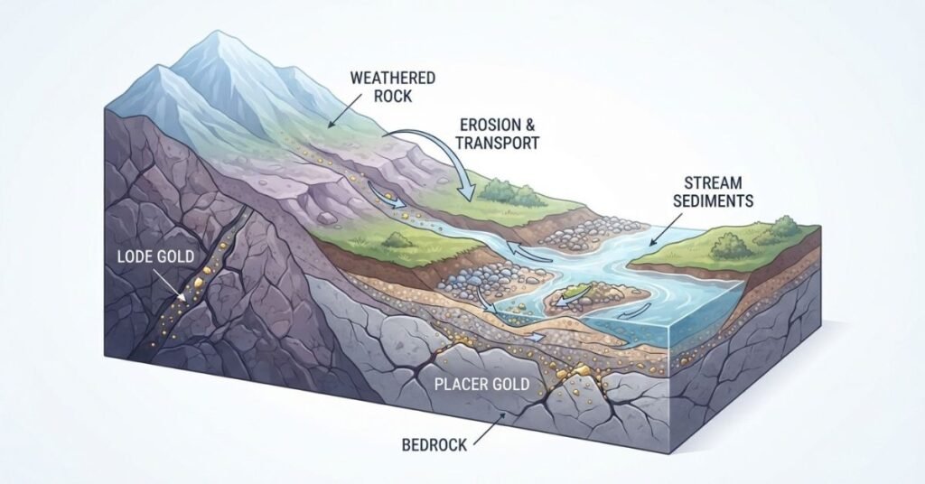 Educational diagram showing where natural gold occurs in rock, bedrock, and stream sediments