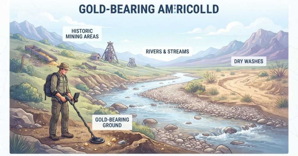 Where to find gold with a metal detector in mining areas, rivers, and dry washes