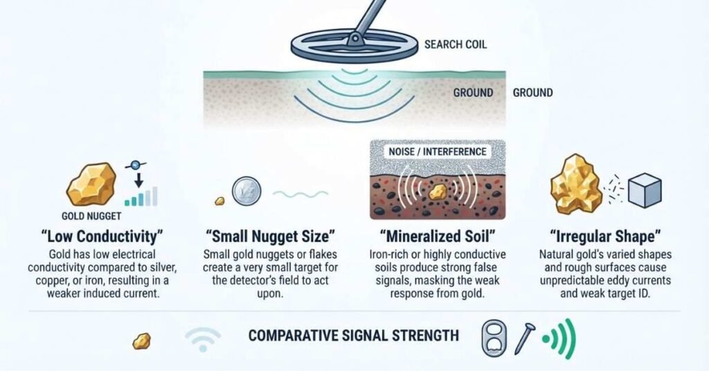 Infographic showing why small gold is harder for metal detectors to detect than other metals