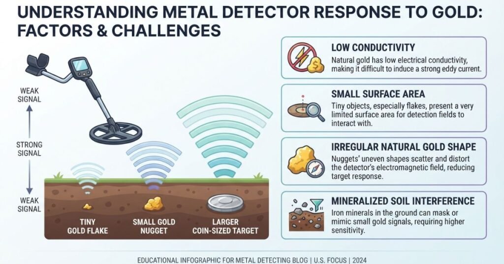 Infographic showing why small gold is harder to detect with a metal detector