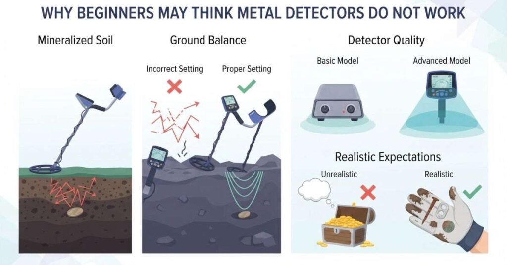 Why metal detectors may struggle with mineralized soil, settings, detector quality, and expectations