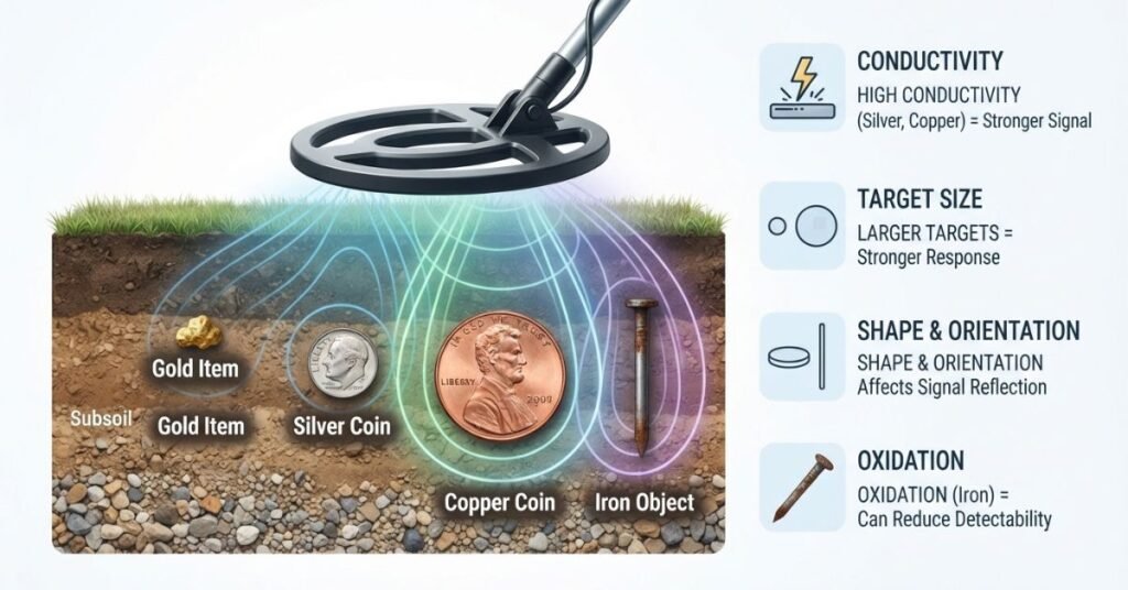Factors affecting metal detector depth including conductivity, target size, shape, and oxidation