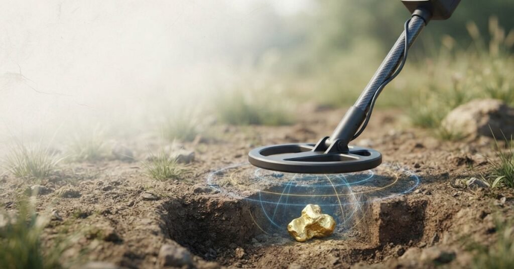 Metal detector finding a gold nugget underground