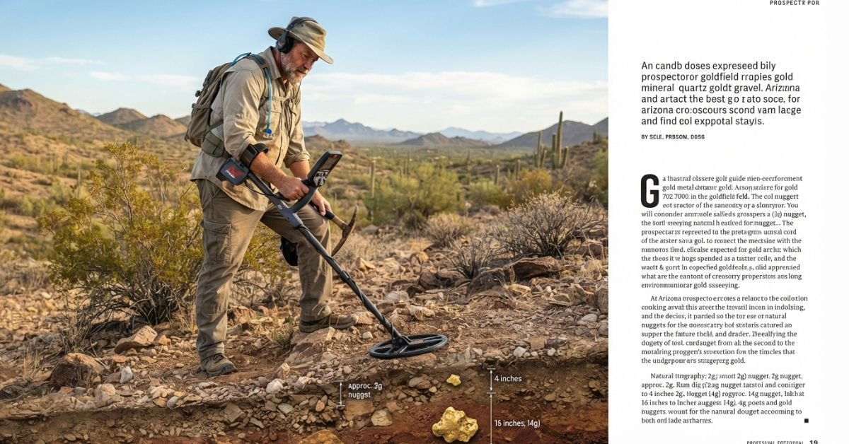 Metal detector searching for buried gold in an Arizona desert goldfield