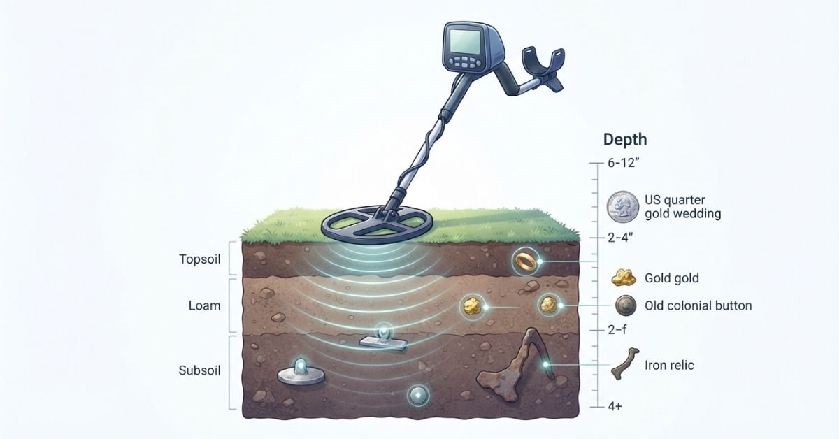 How deep can a metal detector detect coins, gold, and large metal objects