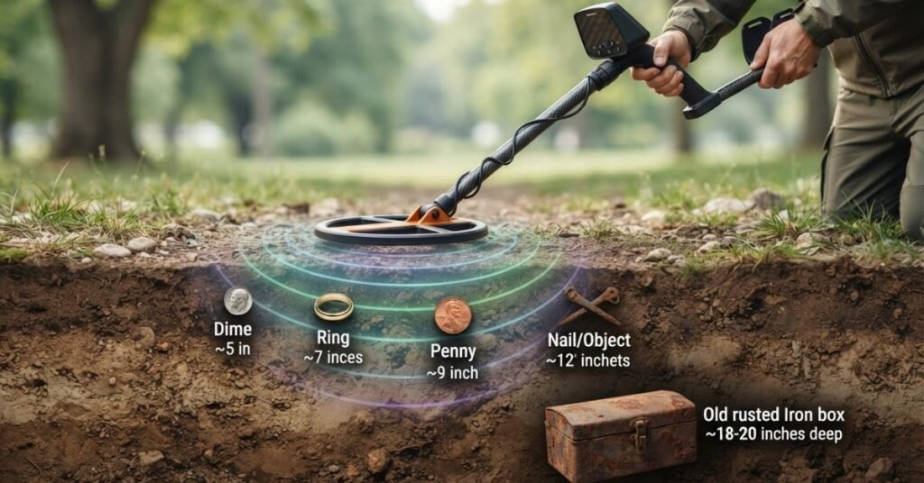 How deep metal detectors can detect gold silver copper iron and large objects